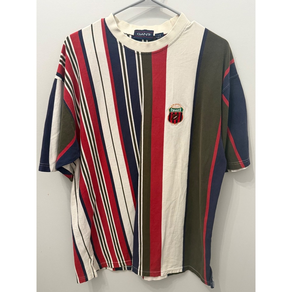Vintage 90s Gant Original Rugger Vertical Stripe Crest T-Shirt L Large